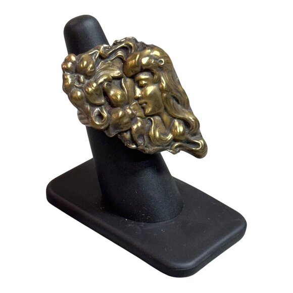 Antique  Art Nouveau Sterling Silver Womans Face Floral Flowers Statement Ring 6 - Picture 6 of 12